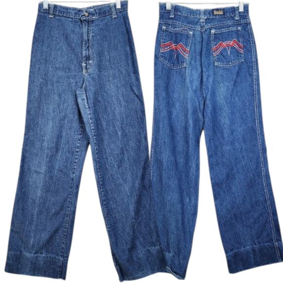 Touche Denim - Vintage 70s–80s Touché Jeans Women’s SZ 11 High Rise Wide Leg Denim Embroidered